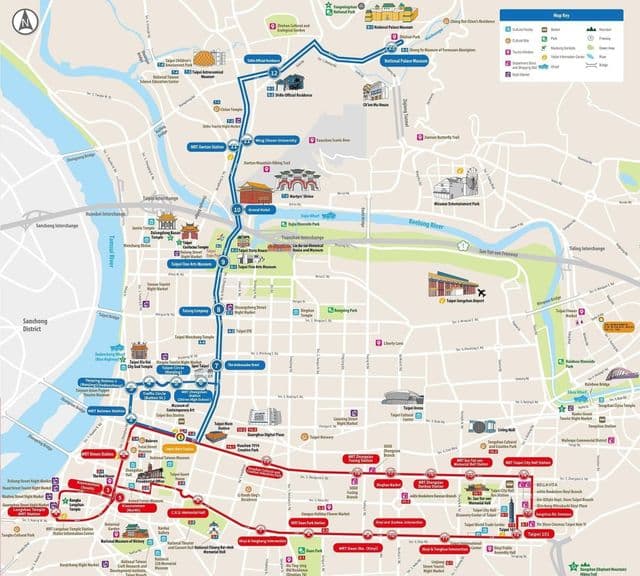 Mapa de las rutas de autobús Hop On Hop Off de Taipei