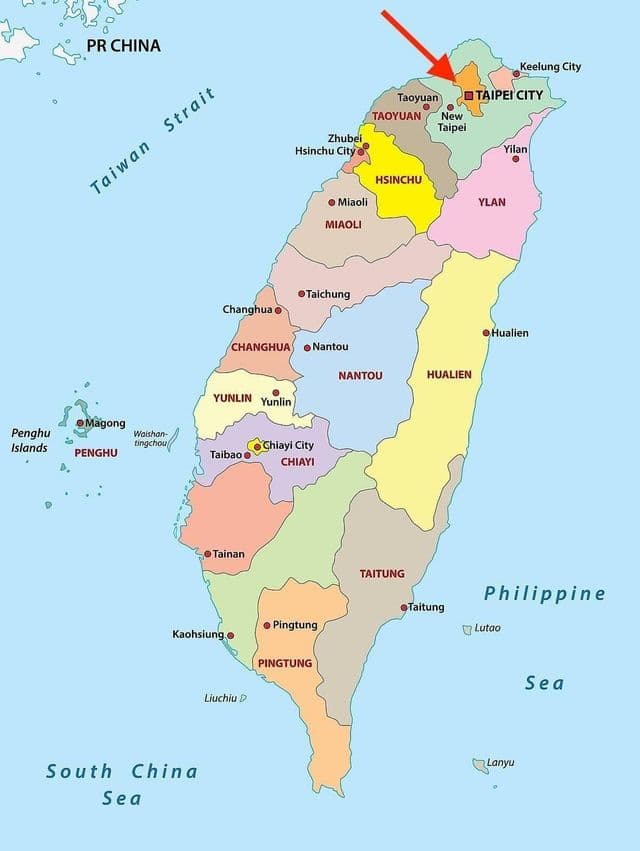 Taipei en el mapa de Taiwán