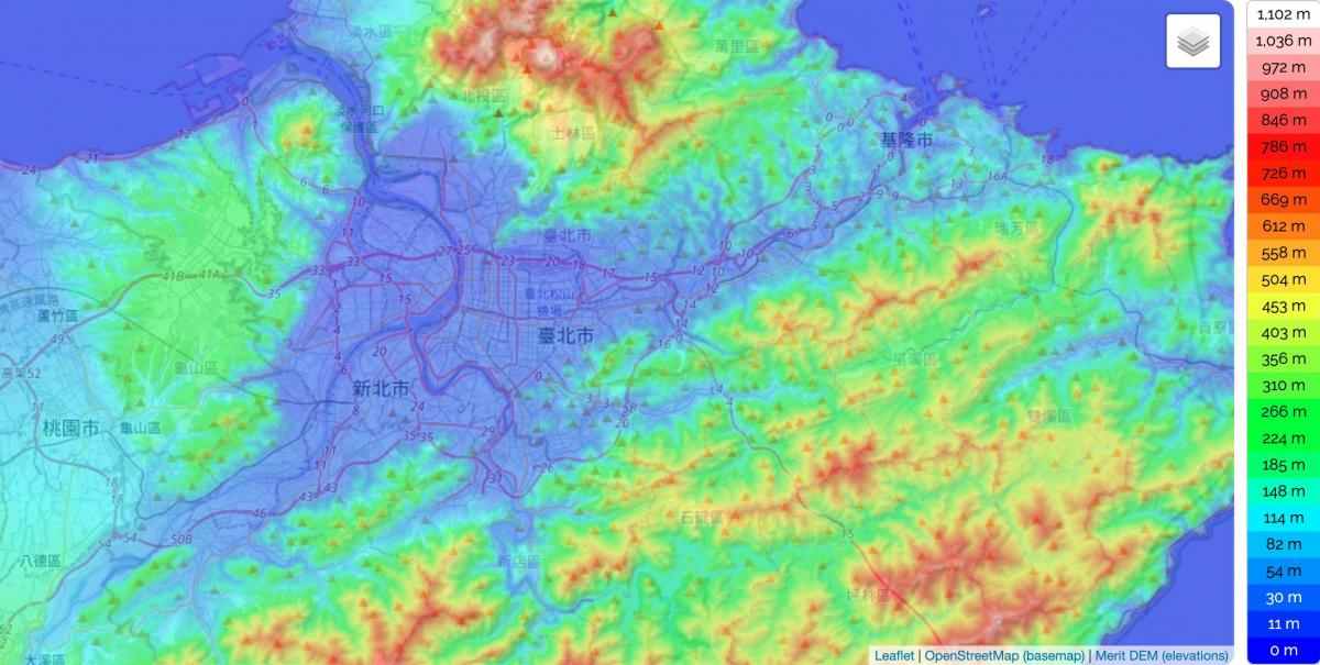 Mapa de elevación de Taipei